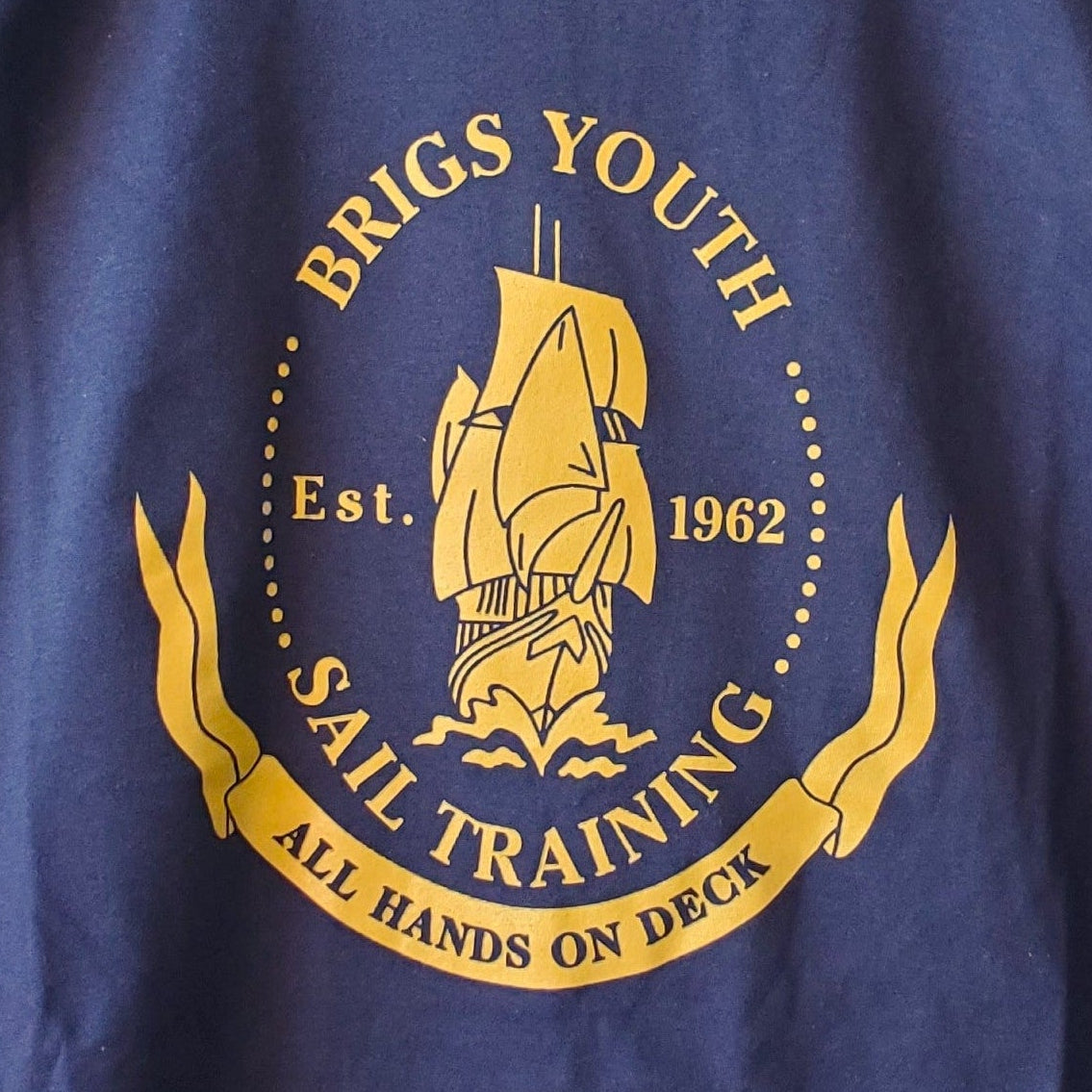 Blue t-shirt with a logo on a hanger in front of a bookshelf