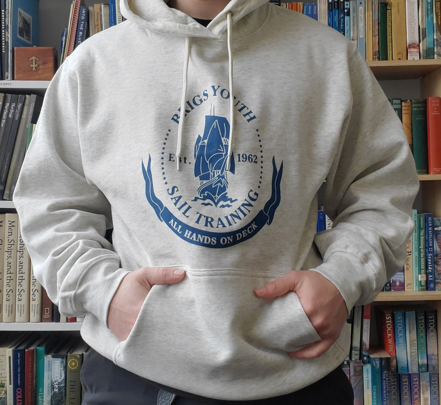 Example Listing: Hoodie (Heather Oatmeal) with Brigs Crest (Sea Blue)