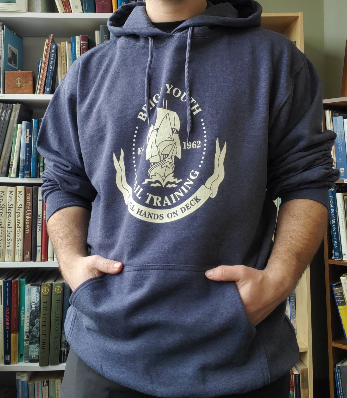 Example Listing: Hoodie (Heather Navy) with Brigs Crest (Meringue)