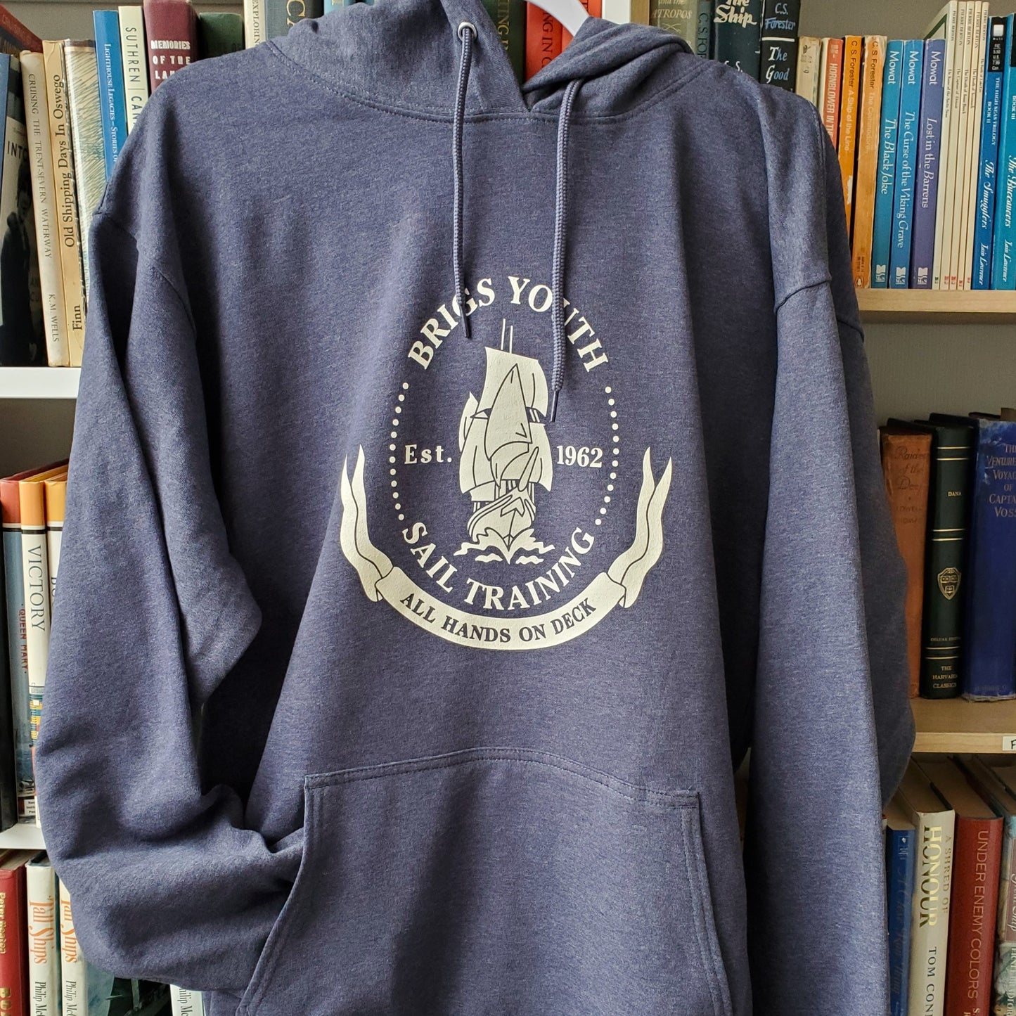 Example Listing: Hoodie (Heather Navy) with Brigs Crest (Meringue)