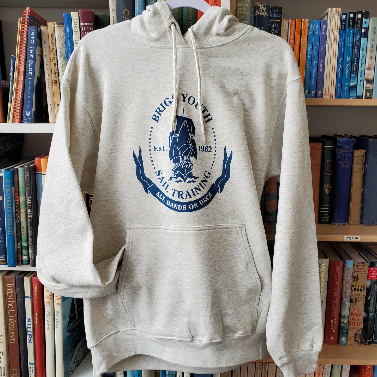 Example Listing: Hoodie (Heather Oatmeal) with Brigs Crest (Sea Blue)