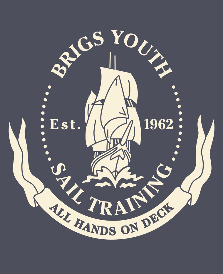 Example Listing: Hoodie (Heather Navy) with Brigs Crest (Meringue)