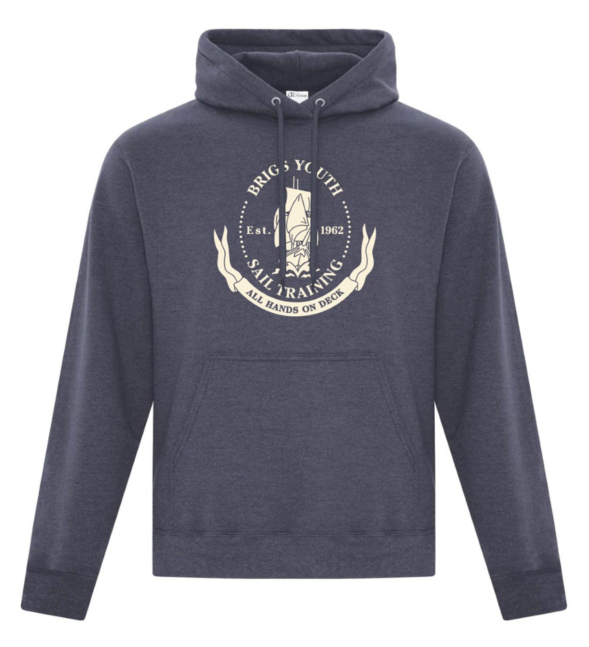 Example Listing: Hoodie (Heather Navy) with Brigs Crest (Meringue)
