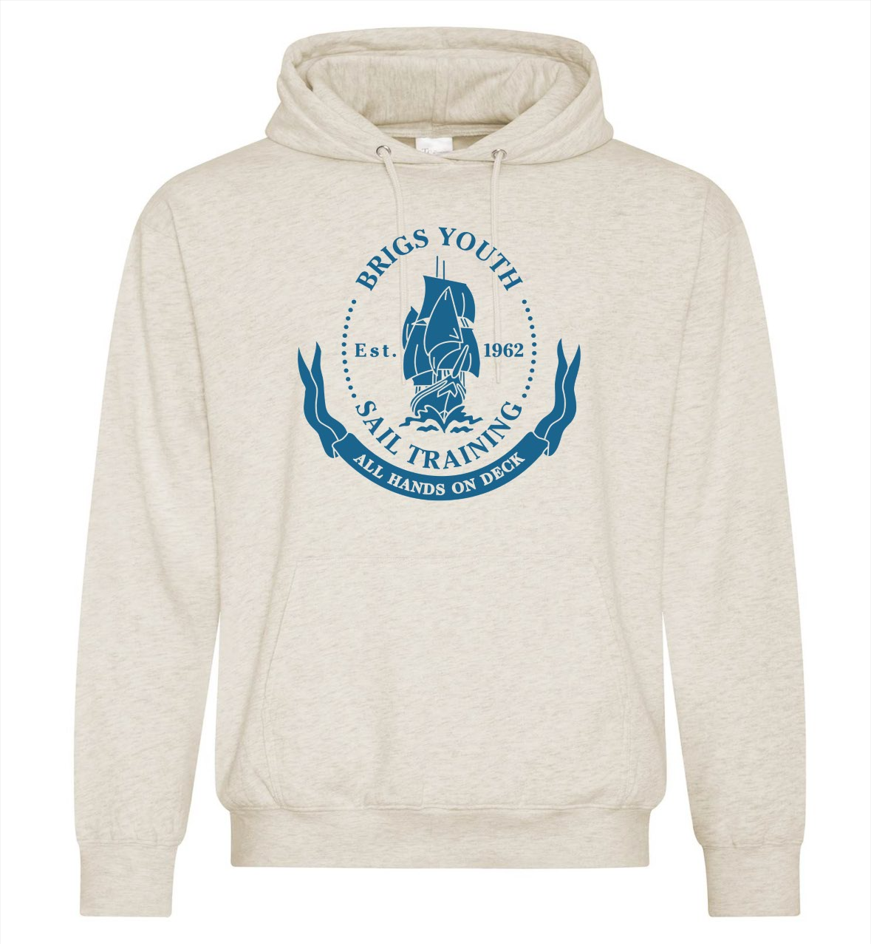 Example Listing: Hoodie (Heather Oatmeal) with Brigs Crest (Sea Blue)